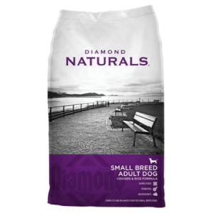 Diamond Naturals Small Breed Adult Chicken Dry Dog Food. Purple and grey dry dog food bag.