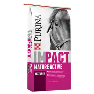 Purina Impact Mature Active Textured Horse Feed. Pink and white 50-lb feed bag.