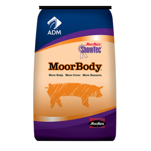 MoorMan's Showtec MoorBody. Blue and orange feed bag. Show feed for swine.