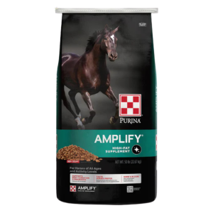 Purina Amplify High-Fat Horse Supplement. Black and teal feed bag.
