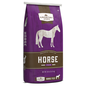 Purina Country Acres Horse 12% Pellet High Fat. Purple feed bag. 