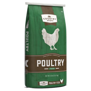 Purina Country Acres Poultry Blend. Green feed bag with illustration of a hen and duck.