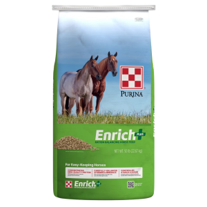 Purina Enrich Plus Ration Balancing Horse Feed. 50-lb green feed bag.