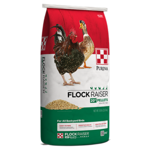 Purina Flock Raiser Pellets. Dark green and red 50-lb feed bag.