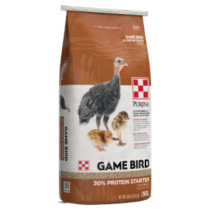 Purina Game Bird 30% Protein Starter. Showing 50-lb poultry feed bag. Various game birds.