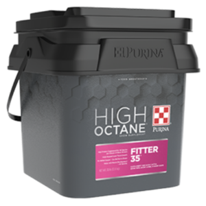 Purina High Octane Fitter 35 Topdress. Plastic, graphite and pink pail with lid.