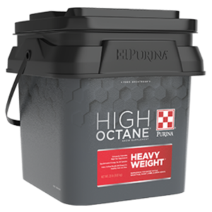 Purina High Octane Heavy Weight Topdress. Plastic, graphite and red pail with lid.