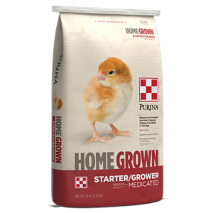 Purina Home Grown Starter Medicated. Red and tan 50-lb feedbag.
