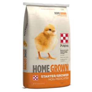 Purina Home Grown Starter-Grower. Gold 50-lb feed bag.
