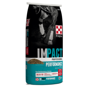 Purina Impact Professional Performance Horse Feed. Black and teal 50-lb feed bag.