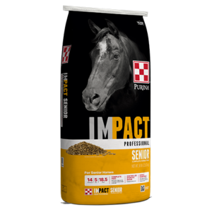 Purina Impact Professional Senior Horse Feed. Black and Gold 50-lb feed bag.