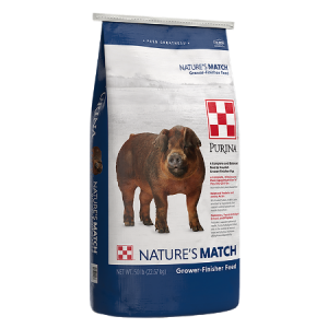 Purina Nature's Match Grower-Finisher. Blue and white 50-lb feed bag. Feed for swine.