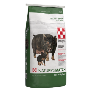 Purina Nature's Match Sow & Pig . Green and white 50-lb feed bag.