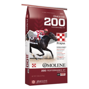 Purina Omolene 200 Performance RT. Dark red and white 50-lb feed bag.