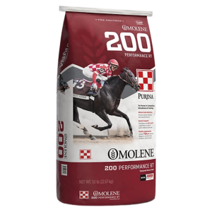 Purina Omolene 200 Performance RT. Dark red and white 50-lb feed bag.