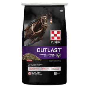 Purina Outlast Gastric Support Supplement. Black and purple 40-lb bag.