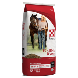 Purina Equine Senior Horse Feed. 50-lb red feed bag.