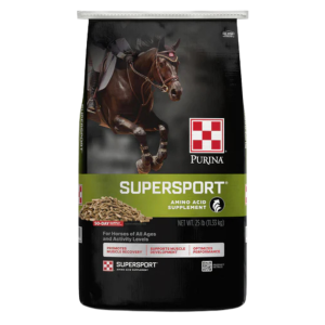 Purina SuperSport Amino Acid Horse Supplement. Dark feed bag.