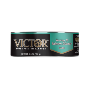 Victor Turkey and Salmon Dinner Pate 5.5-oz Canned Cat Food. Black and teal cat food can.