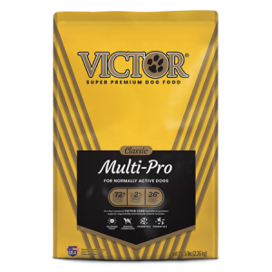 Victor Classic Multi-Pro Dry Dog Food. Yellow and black dog food bag.