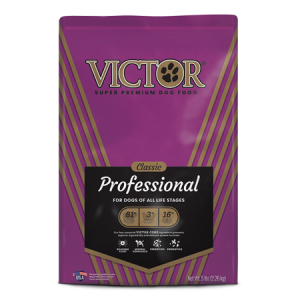 Victor Classic Professional Dry Dog Food. Purple dog food bag.