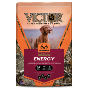 Victor Edge Energy Dry Dog Food. Orange dog food bag with dog.