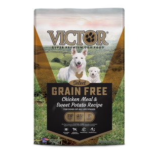 Victor Grain Free Chicken Sweet Potato Dry Dog Food. Green dog food bag. Two white dogs.