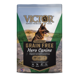 Victor Grain Free Hero Dry Dog Food. Green dog food bag. German Shepherd dog.