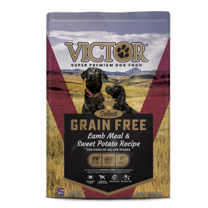 Victor Grain Free Lamb Meal & Sweet Potato Recipe. Brown dog food bag. Two dogs.