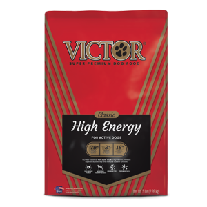 Victor High Energy Dry Dog Food. Red dog food bag.