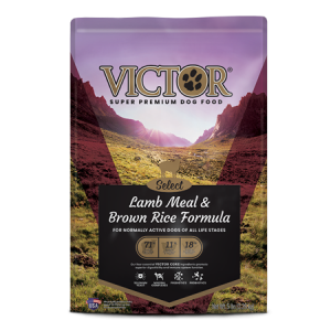 Victor Lamb Meal Brown Rice Dry Dog. Purple dog food bag. Nature scene.