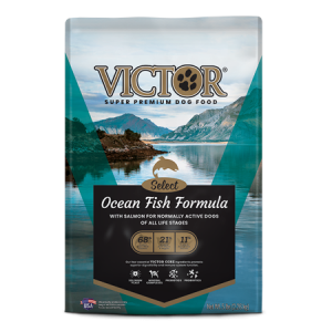 Victor Ocean Fish Formula Salmon Dry Dog Food. Blue dog food bag.