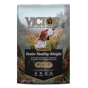 Victor Senior Healthy Weight Dry Dog Food. Dog food bag. Features adult sporting dog.