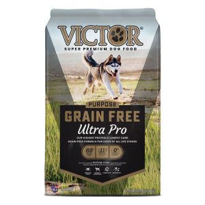 Victor Grain Free Ultra Pro Dry Dog Food. Dog food bag with Husky dog running.
