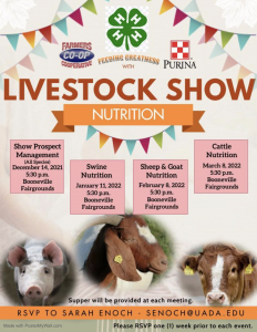 Join Farmer's Coop for a series of Livestock Show Nutrition Meetings for students in the Branch & Greenwood, Arkansas area.