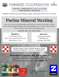 Join us for the Farmer’s Coop Van Buren Cattle Mineral Meeting on Monday, February 28, 2022, at 6:00 p.m. at the Farm Bureau Building at 3430 Kibler Road, in Van Buren, Arkansas.