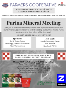 Join us Farmer's Coop Lincoln Cattle Mineral Meeting on Wednesday, March 2, 2022, from noon to 1:00 p.m., at the Lincoln Community Building in Lincoln, Arkansas.