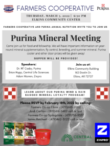 Join us at Farmer’s Coop Elkins Cattle Mineral Meeting on Thursday, March 3, 2022, at 6:30 p.m. at the Elkins Community Building.