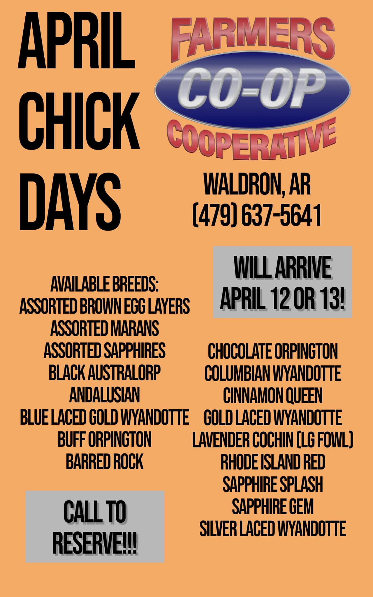 Farmers Coop Waldron Chick Days April 12-13, 2024