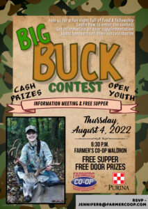 Join us for our Big Buck Contest and Meeting at the Waldron Farmers Cooperative,  on Thursday, August 4, 2022, at 6:30 p.m. 