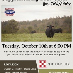 Farmers Coop Prairie Grove Fall Cattle Meeting on Tuesday, October 10th, 2023 at 6pm flyer.