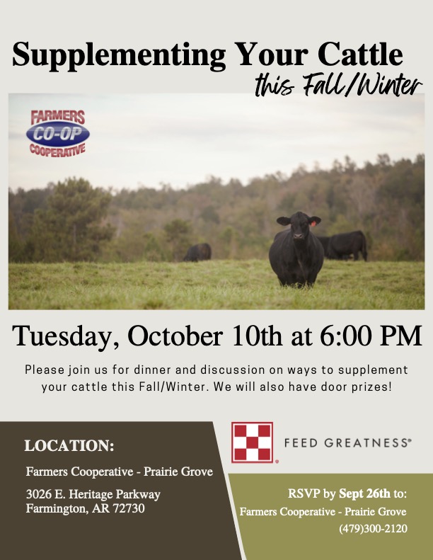 Farmers Coop Prairie Grove Fall Cattle Meeting on Tuesday, October 10th, 2023 at 6pm flyer.