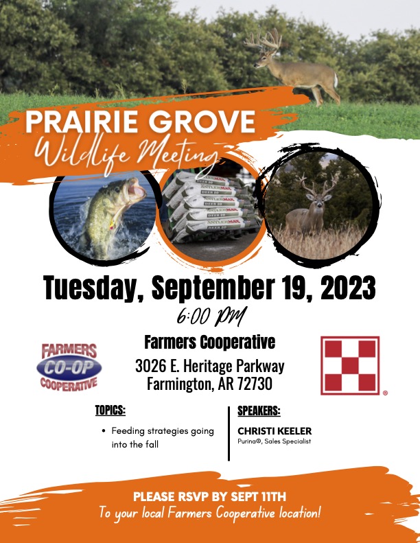 Farmers Coop Prairie Grove Wildlife Meeting Flyer for Tuesday, September 19, 2023.