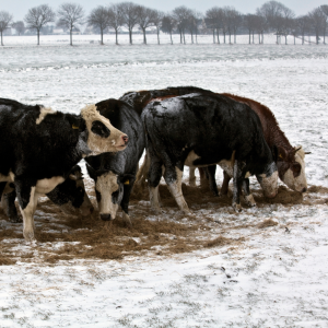 cattle eating feed on snowy ground