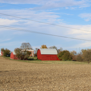 Fall farm - red barn with sky