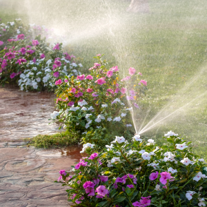 This sprinkler pictured here spraying flowers with water is a great toold for Mid-Summer Garden Maintenance